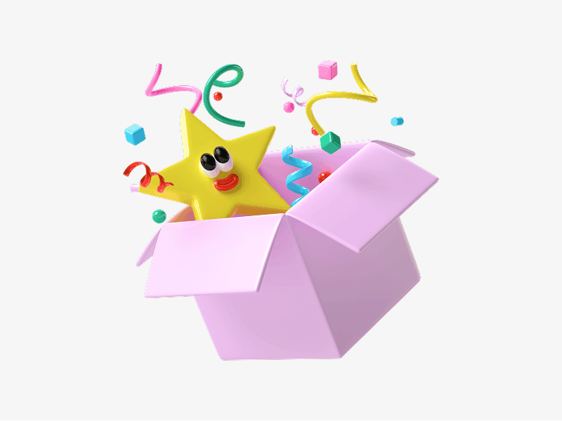 Open box with sale items and confetti shown as a fun 3D illustration
