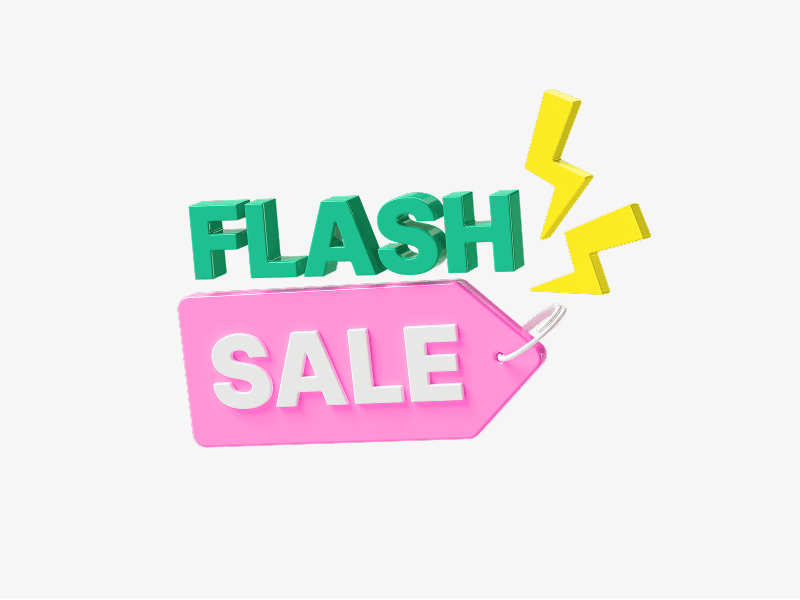 Flash sale text with lightning symbols shown as a colorful 3D illustration