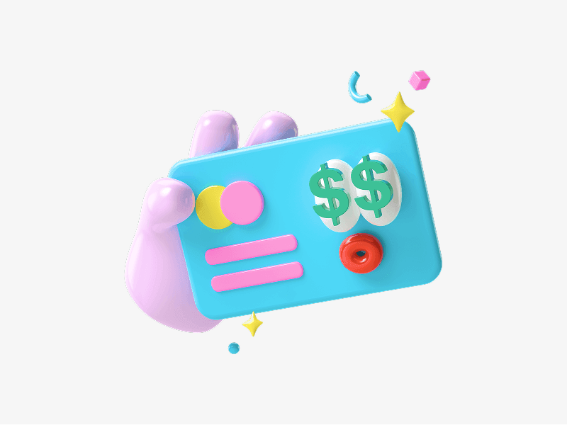 Hand holding a credit card with dollar icons shown as a 3D illustration