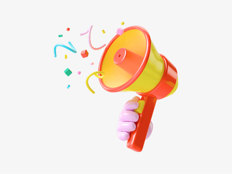 Hand holding a megaphone with confetti shown as a 3D illustration