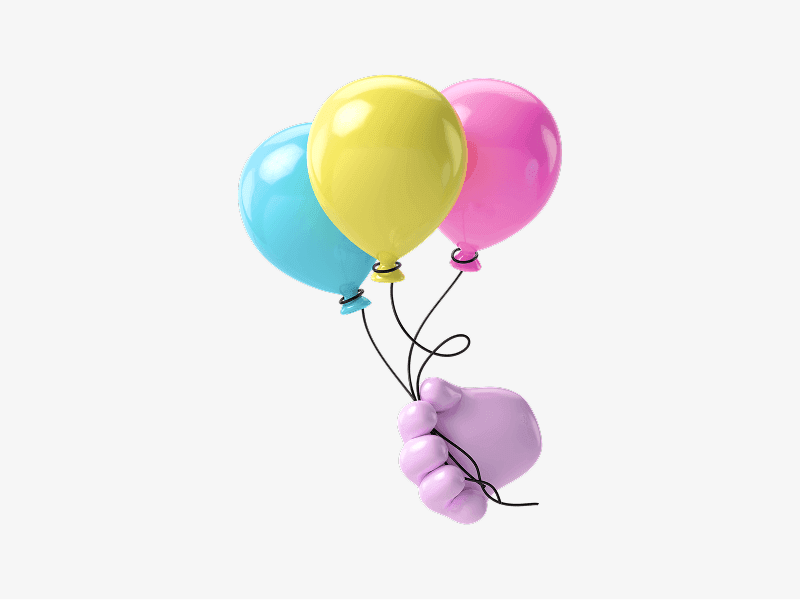 Hand holding colorful balloons shown as a festive 3D illustration