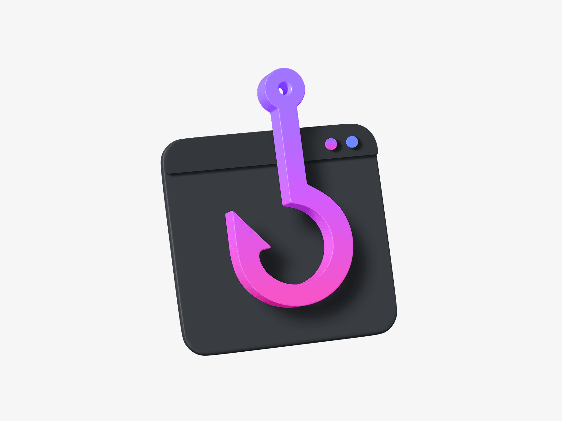 Free 3D illustration of a browser window with a pink and purple hook icon, symbolizing phishing or security alert