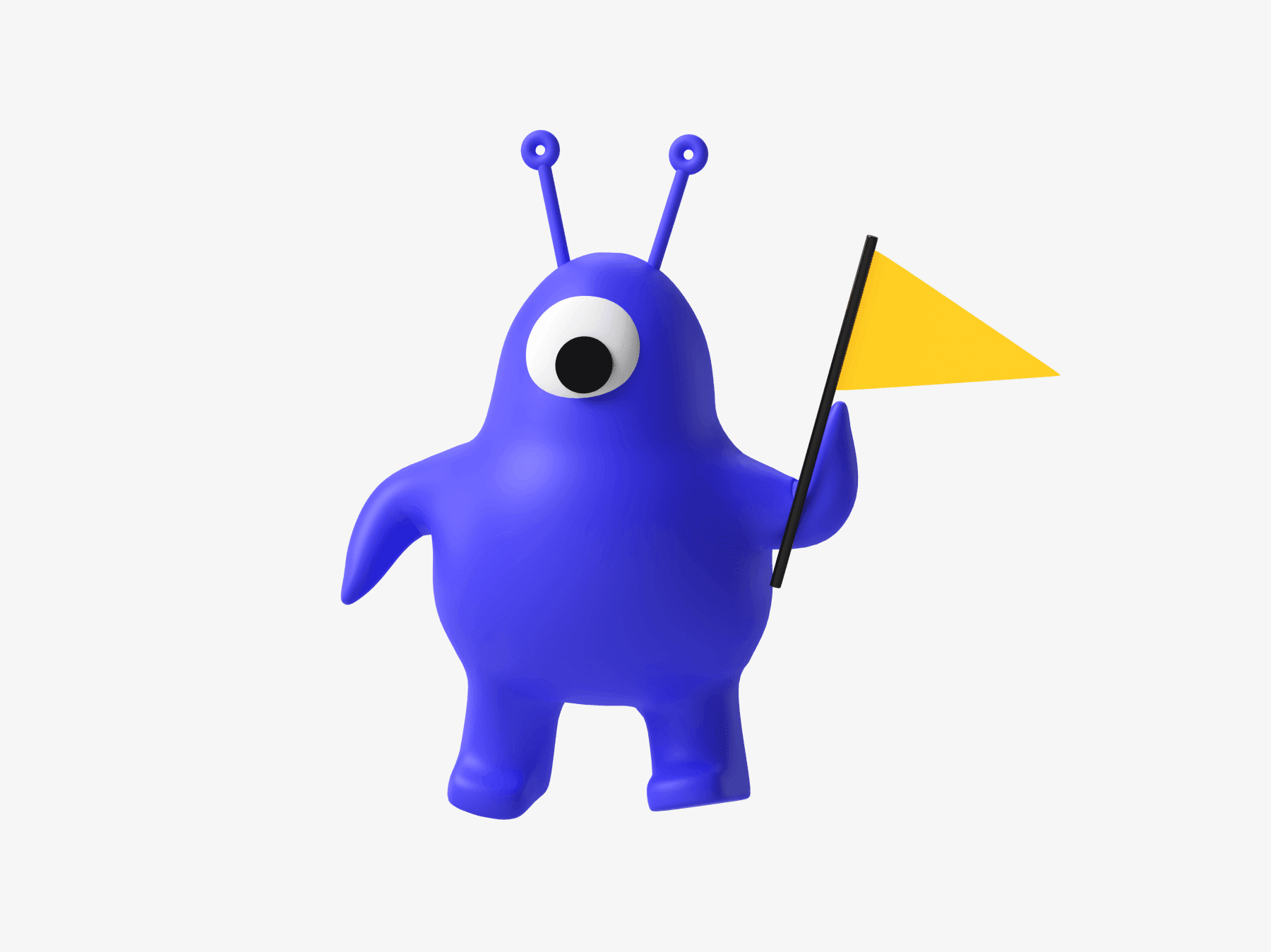 Free 3D illustration of a cute blue one-eyed alien character holding a yellow flag, isolated on white background