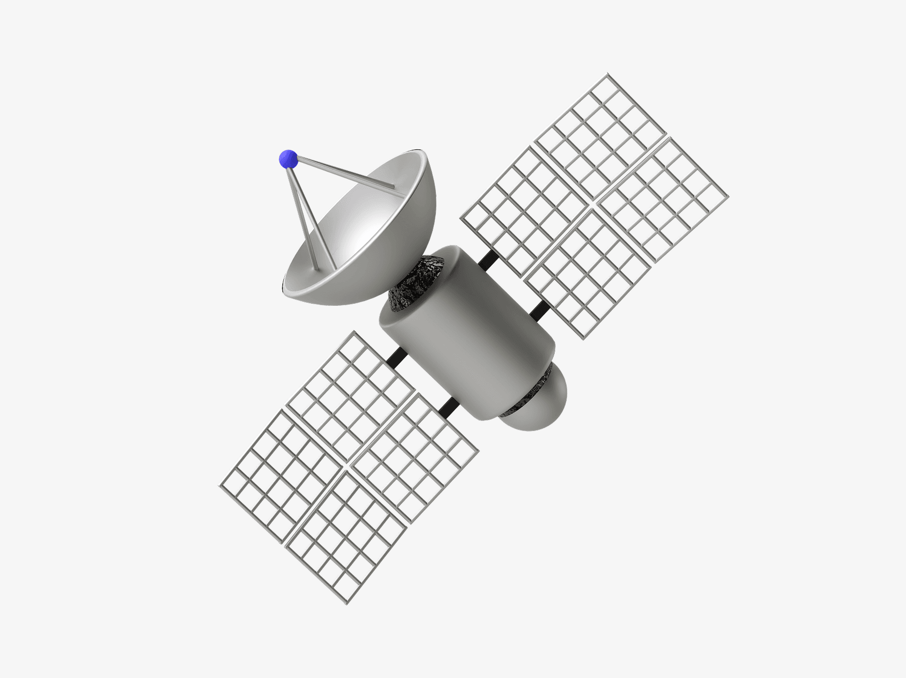 Free 3D illustration of a metallic satellite with solar panels and a parabolic antenna, isolated on white background