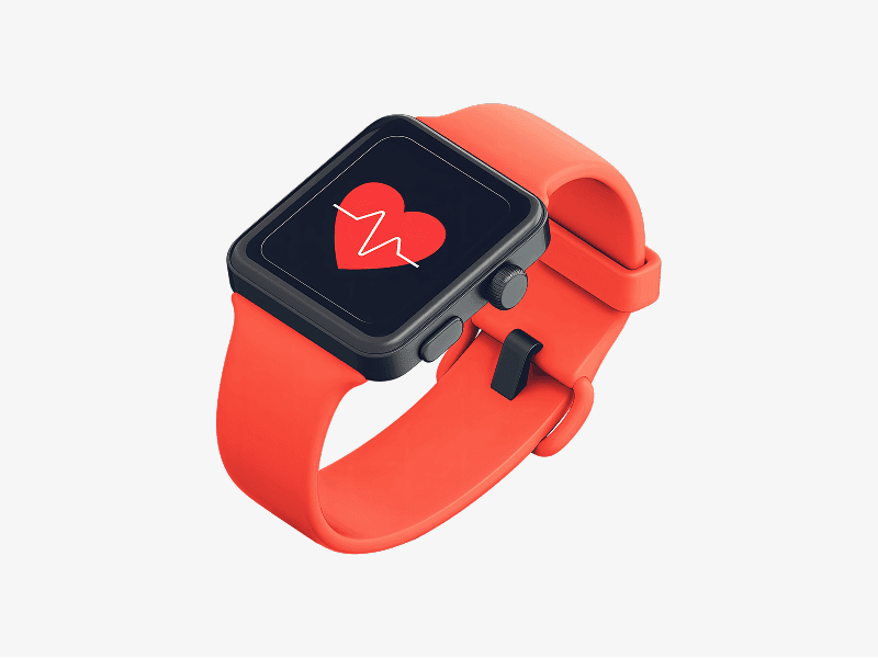 Smart fitness watch with heart icon shown as a 3D illustration