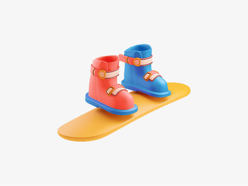 Snowboard with boots shown as a 3D illustration