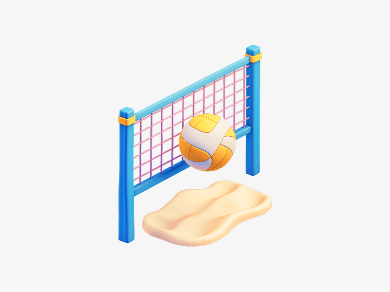 Volleyball net with ball on sand shown as a 3D illustration
