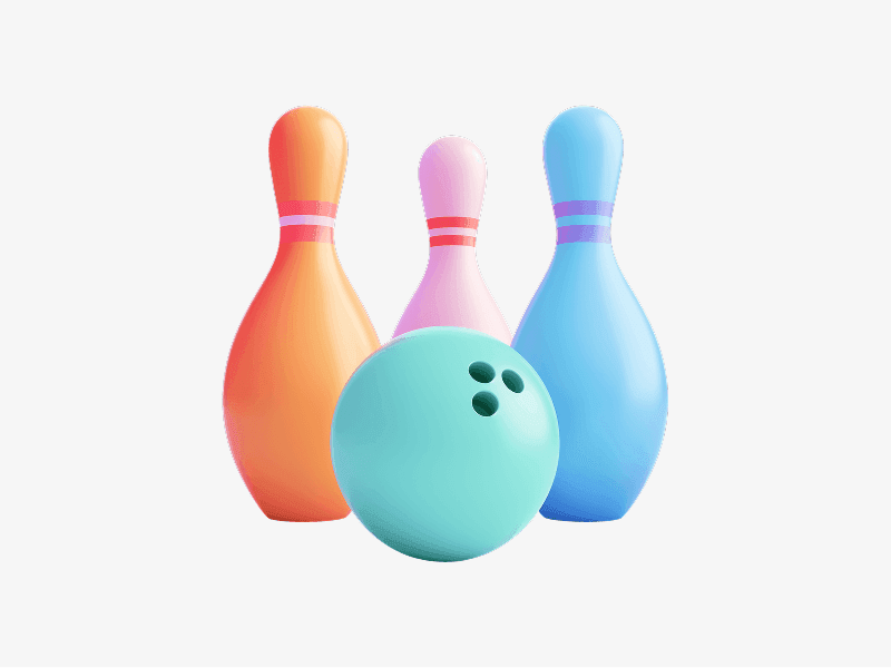Bowling pins with ball displayed as a colorful 3D illustration