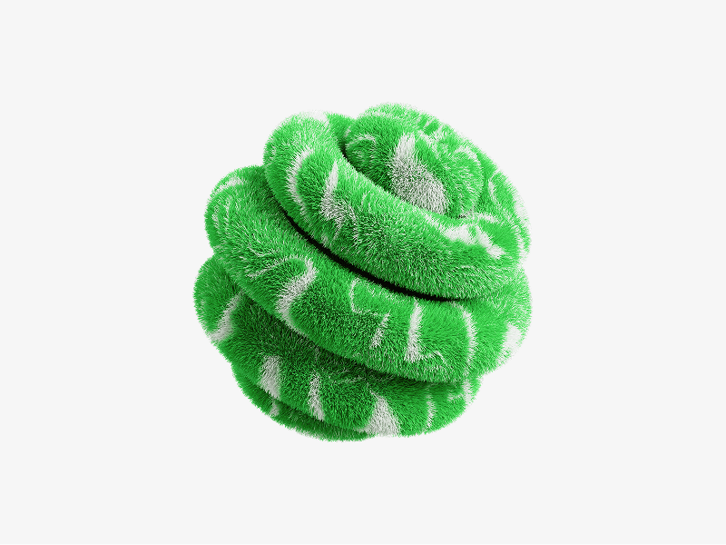 Green fuzzy knot abstract shape shown as a 3D illustration