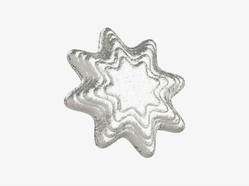 Silver ripple star abstract shape shown as a 3D illustration