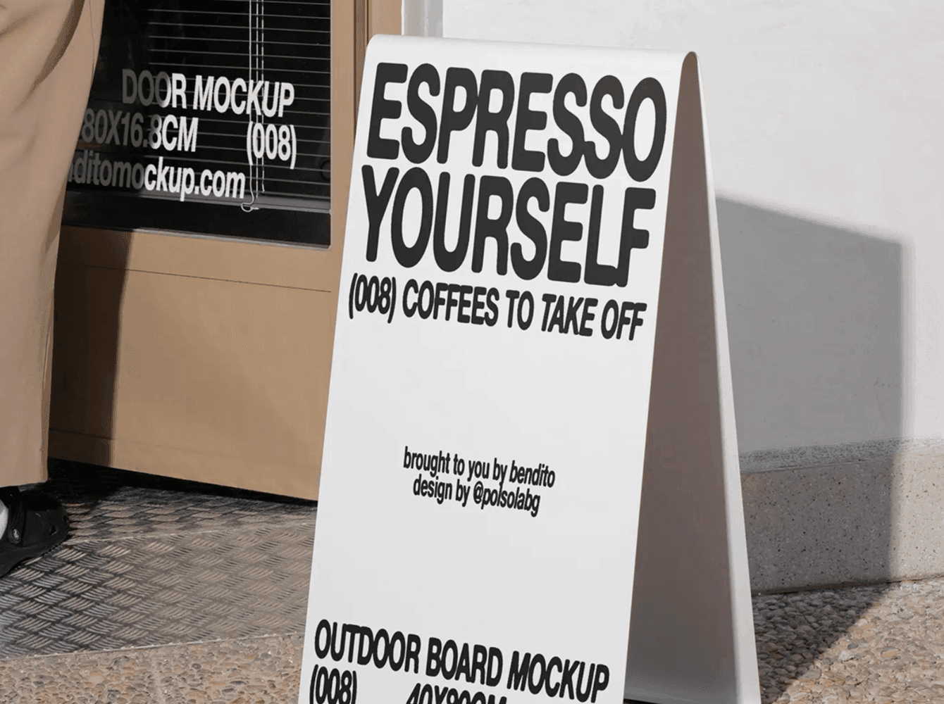 Outdoor A-frame board mockup in front of coffee shop entrance