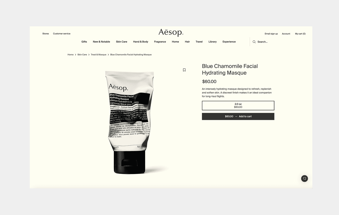 Aesop product page displaying Blue Chamomile Facial Hydrating Masque on minimalist layout