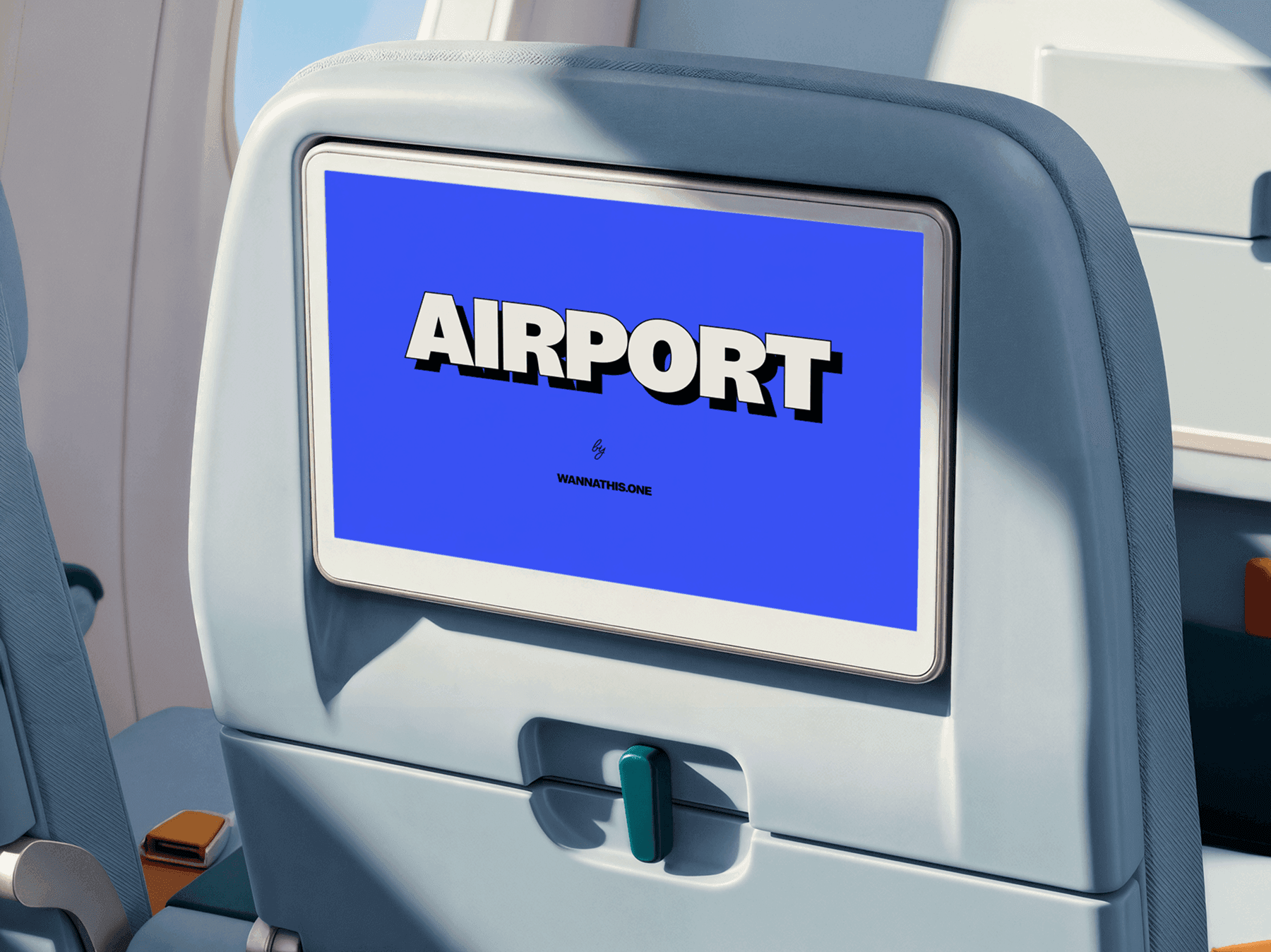 Digital screen displayed on the back of a refined airplane passenger seat in a clean modern cabin scene