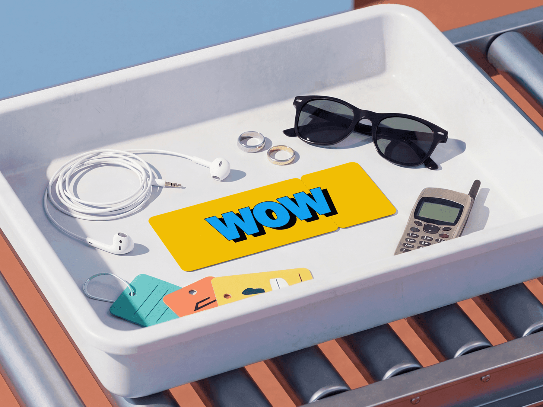 Airport security tray with refined travel accessories and a branding card placed inside in clean scene