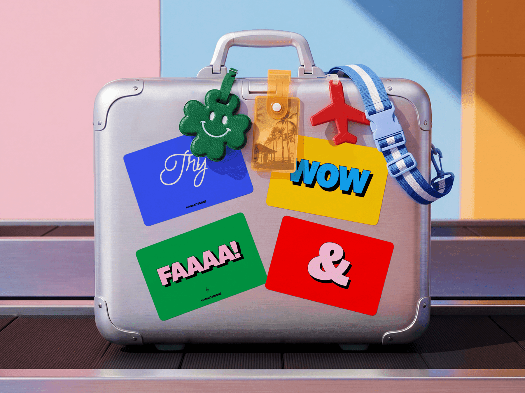 Travel suitcase mockup decorated with branding stickers and refined luggage accessories in lifestyle scene