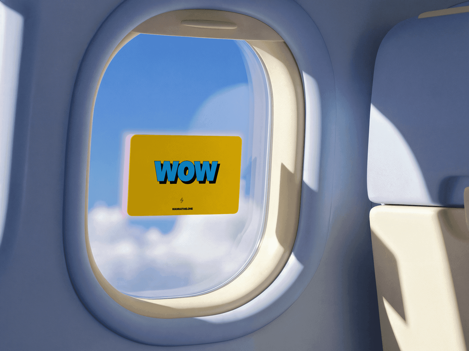 Branding sticker placed on a refined airplane passenger cabin window in a clean modern in flight scene