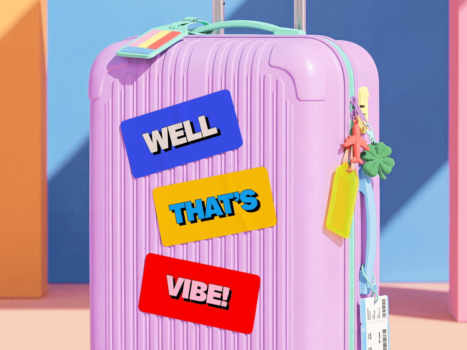 Travel luggage suitcase decorated with multiple colorful refined branding stickers in a clean lifestyle scene