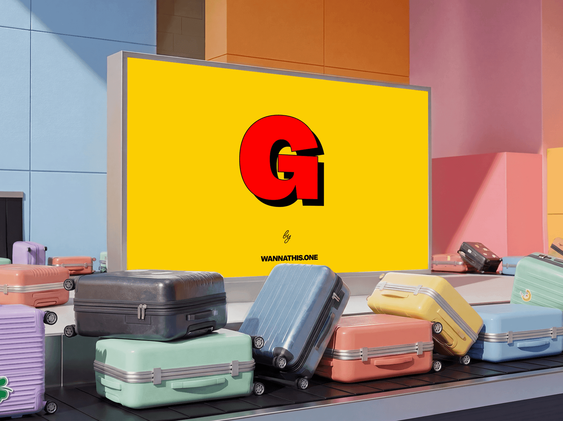 Large airport billboard display surrounded by passenger luggage in a refined modern terminal scene