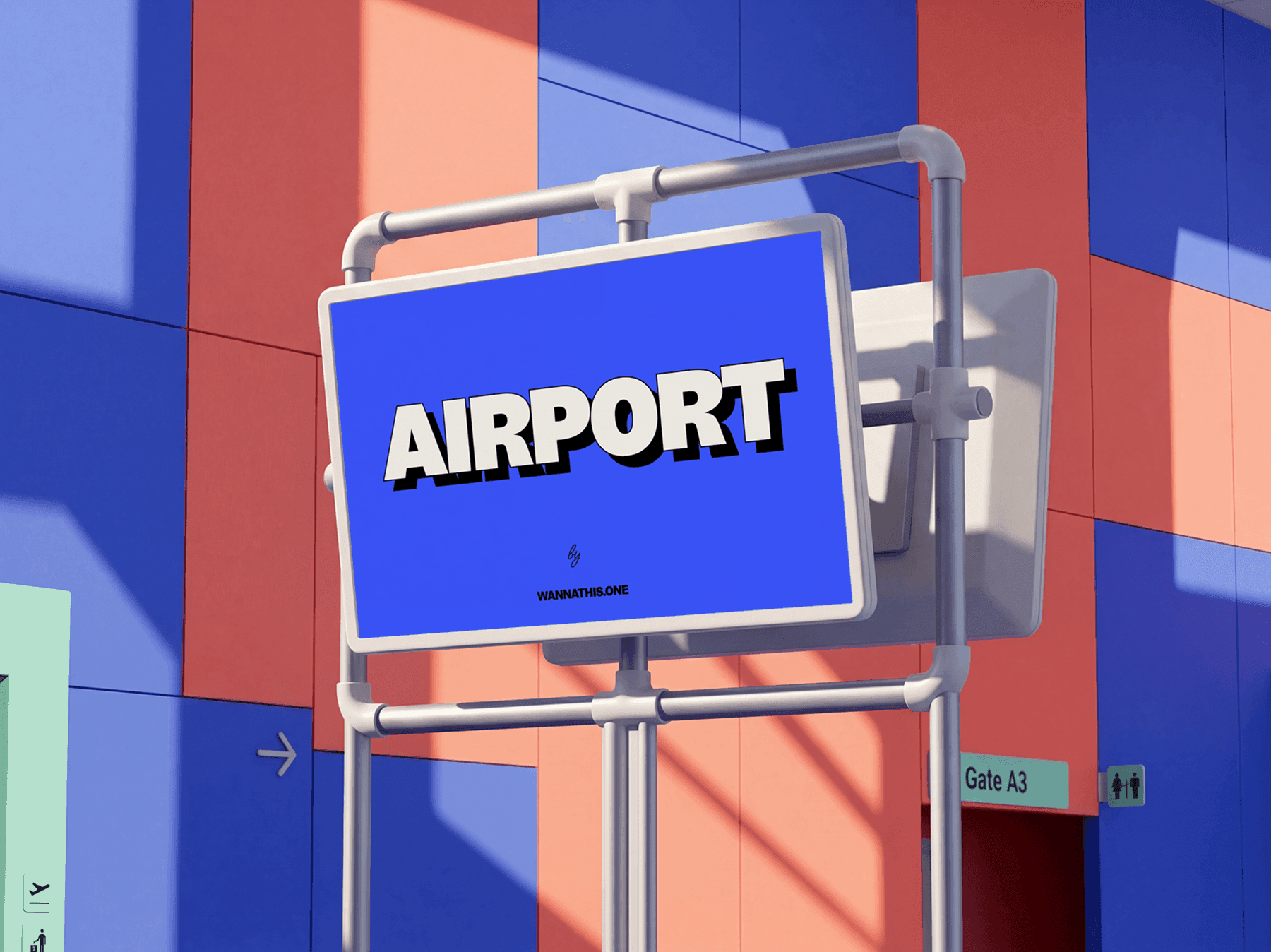 Airport direction sign mounted in a refined modern terminal interior in a clean wayfinding travel scene