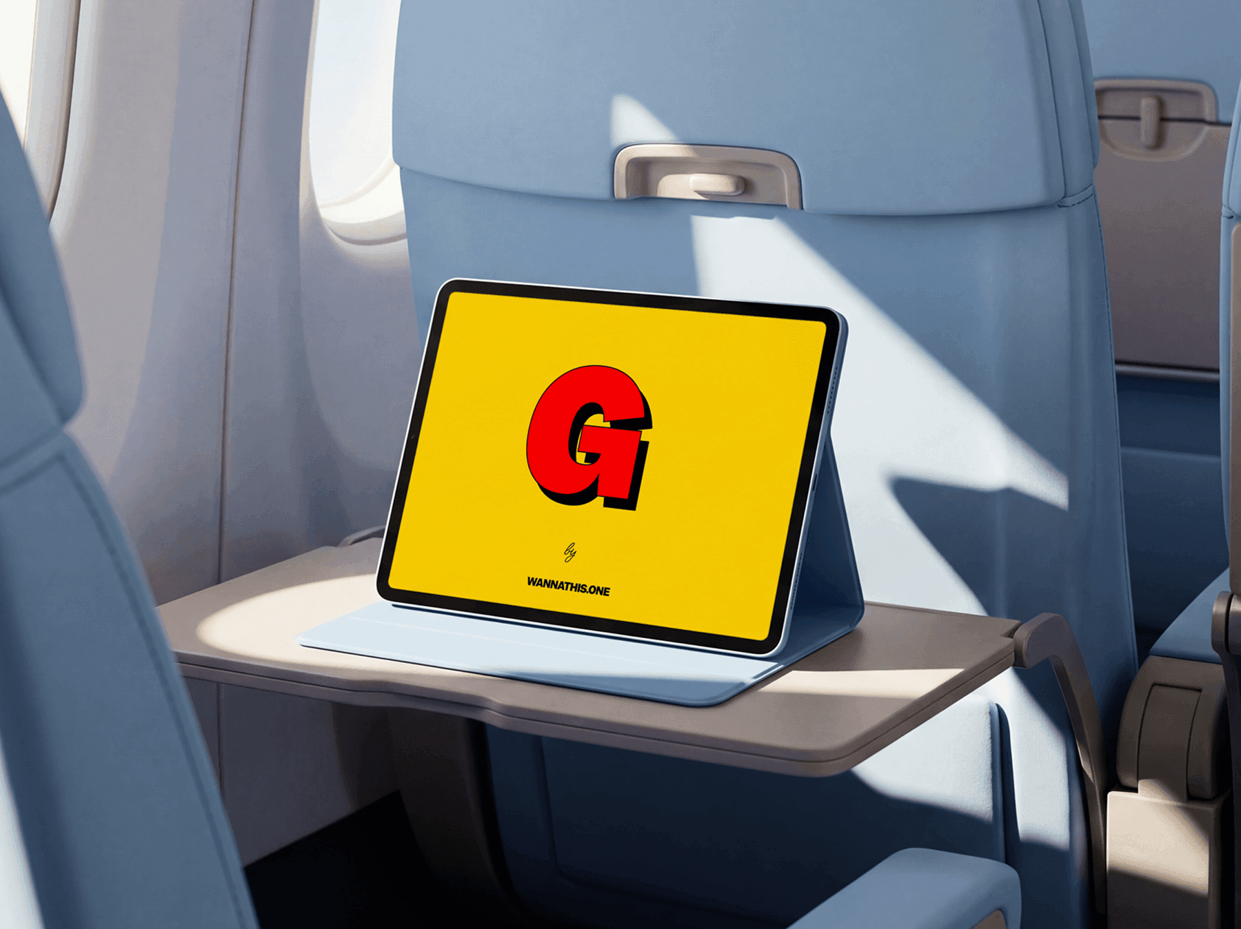 iPad tablet mockup placed on an airplane tray table near a refined window seat in a passenger cabin scene