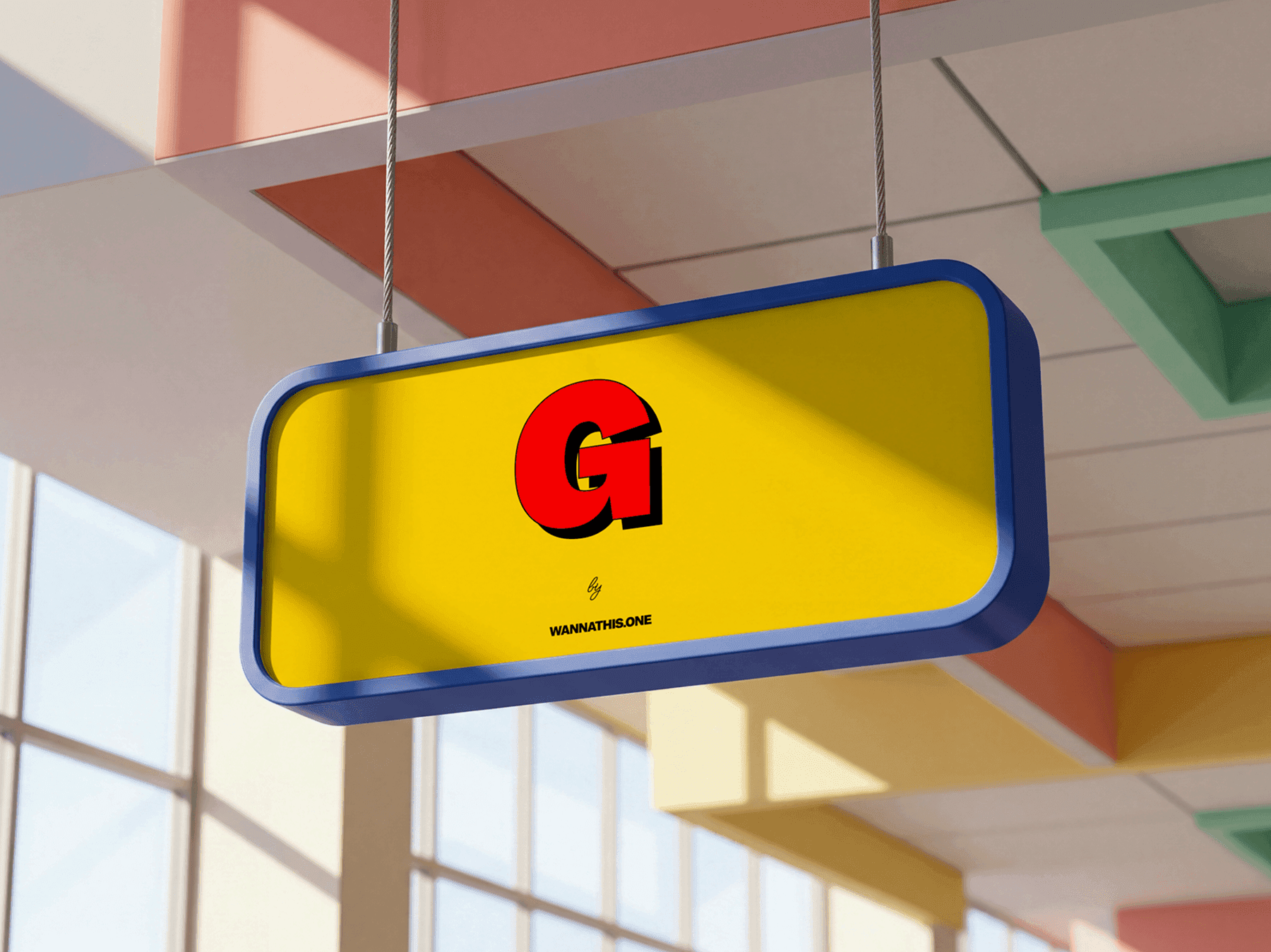 Hanging airport sign mockup mounted inside a refined modern terminal interior in a clean wayfinding scene