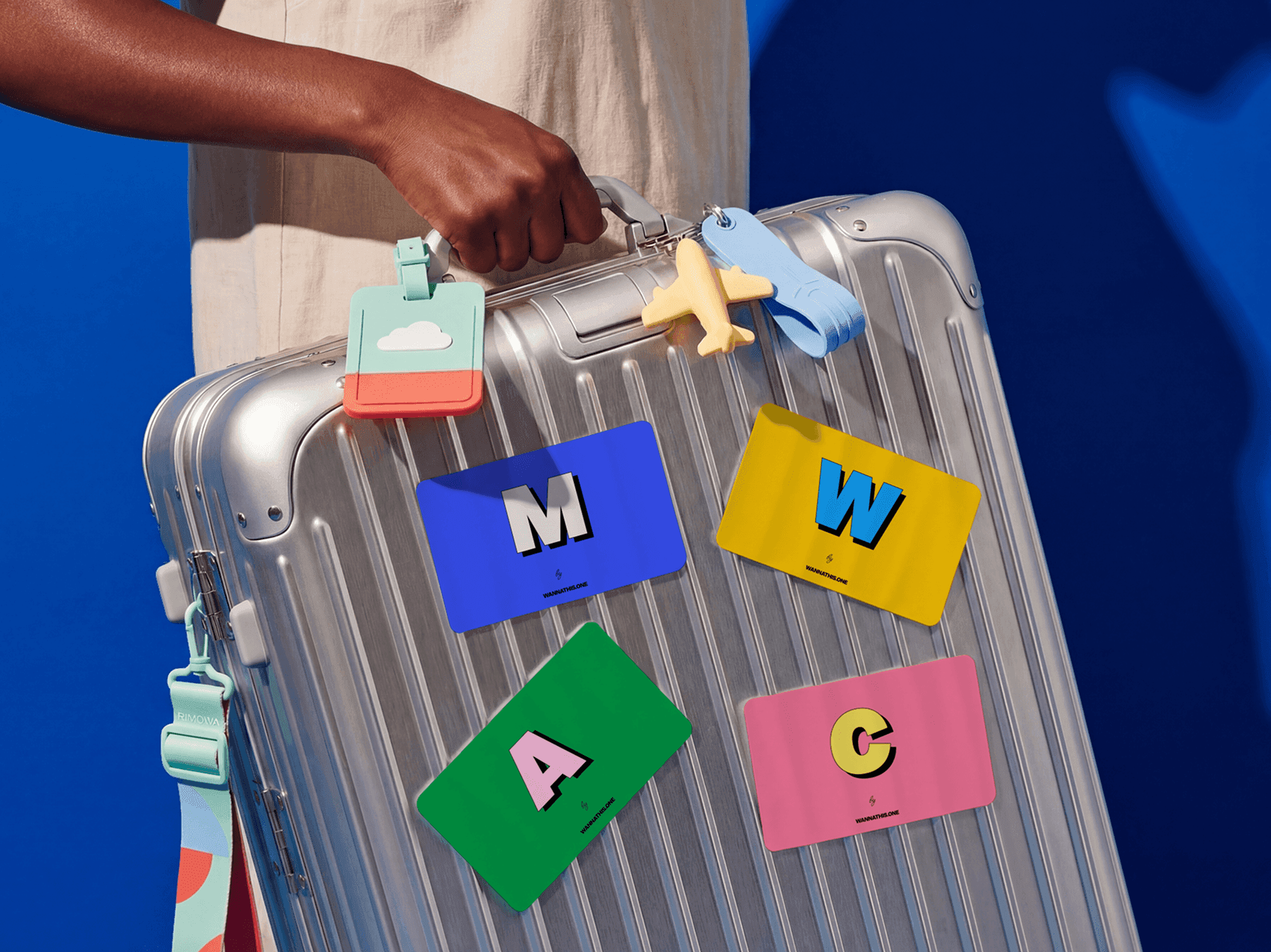 Close up refined suitcase mockup with attached luggage tags and travel labels in a clean studio scene