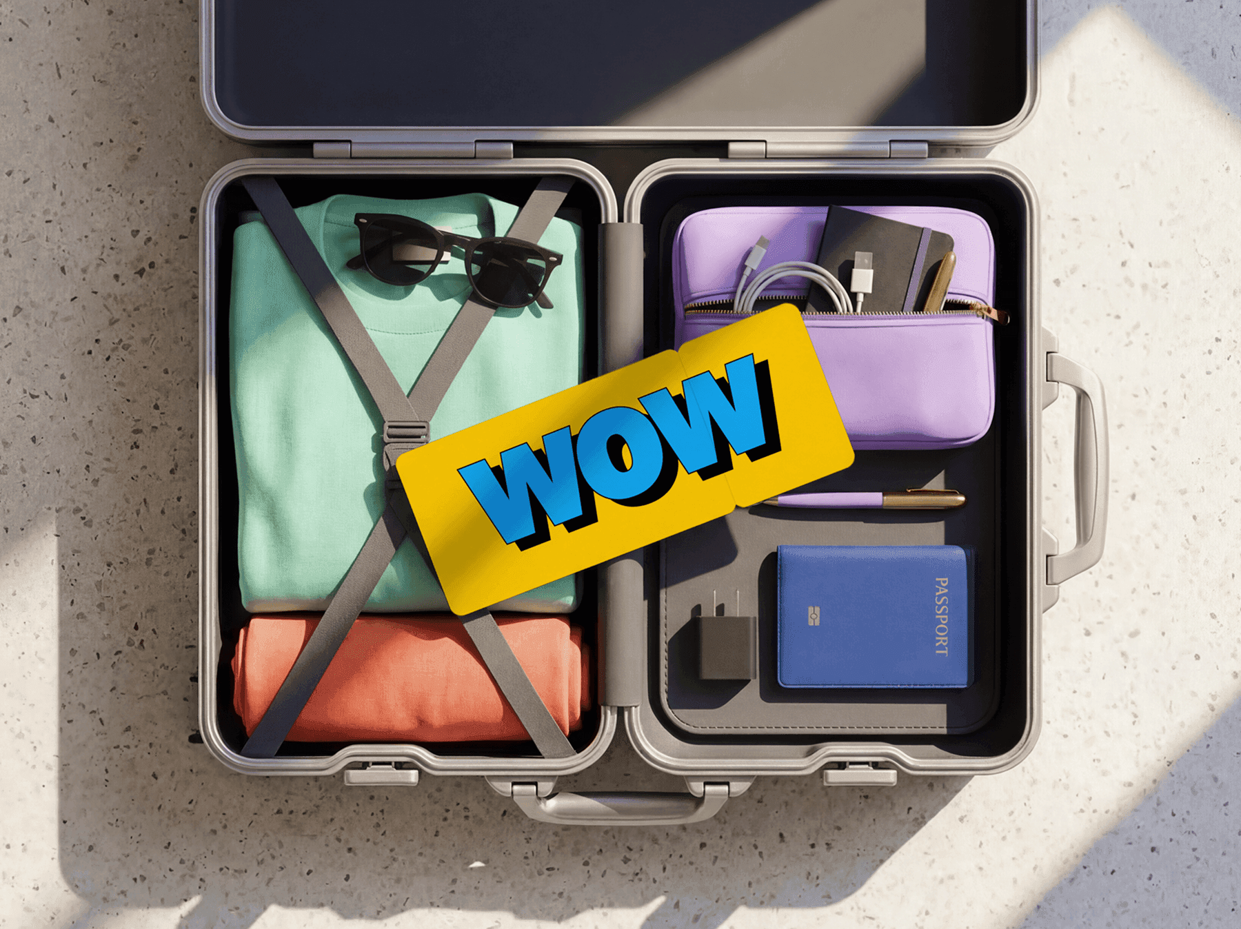 Open travel suitcase mockup packed with clothes and refined travel accessories in a clean studio scene