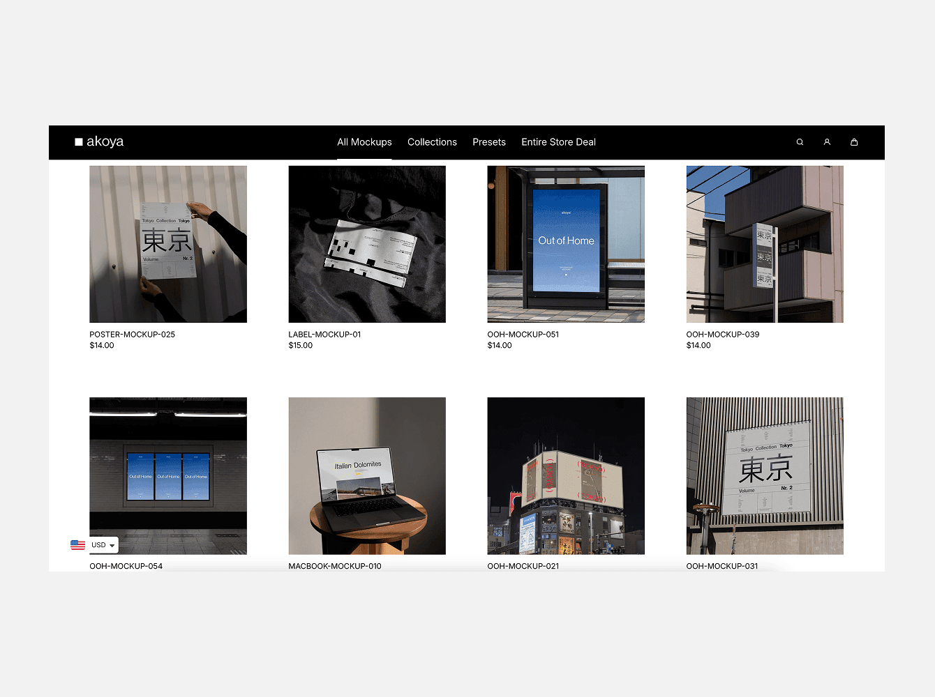 Curated mockup gallery with poster, label, and out-of-home displays presented in a minimal grid designed for professional visual showcasing.