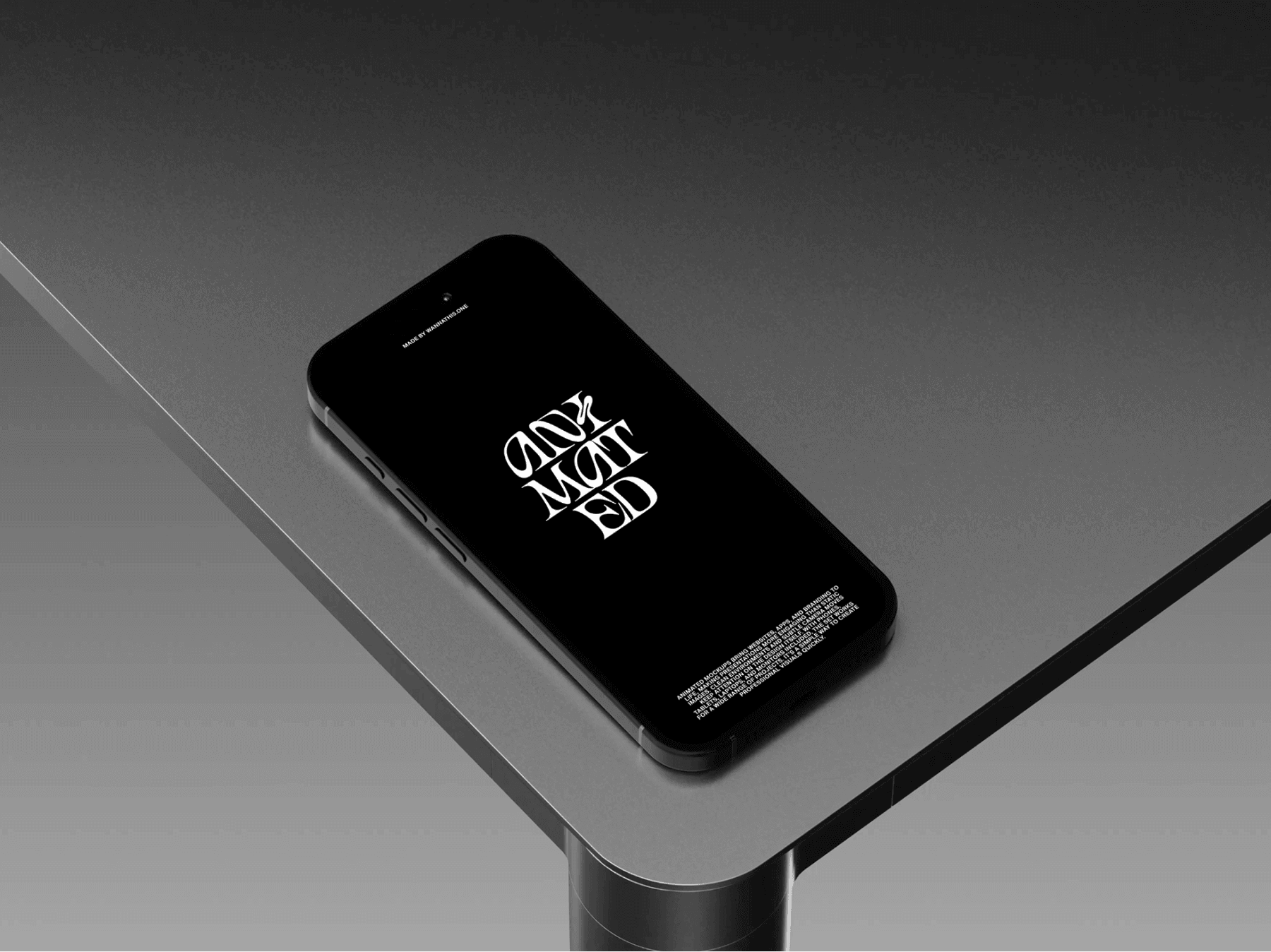 Animated iPhone mockup placed on the edge of a table in a minimal scene