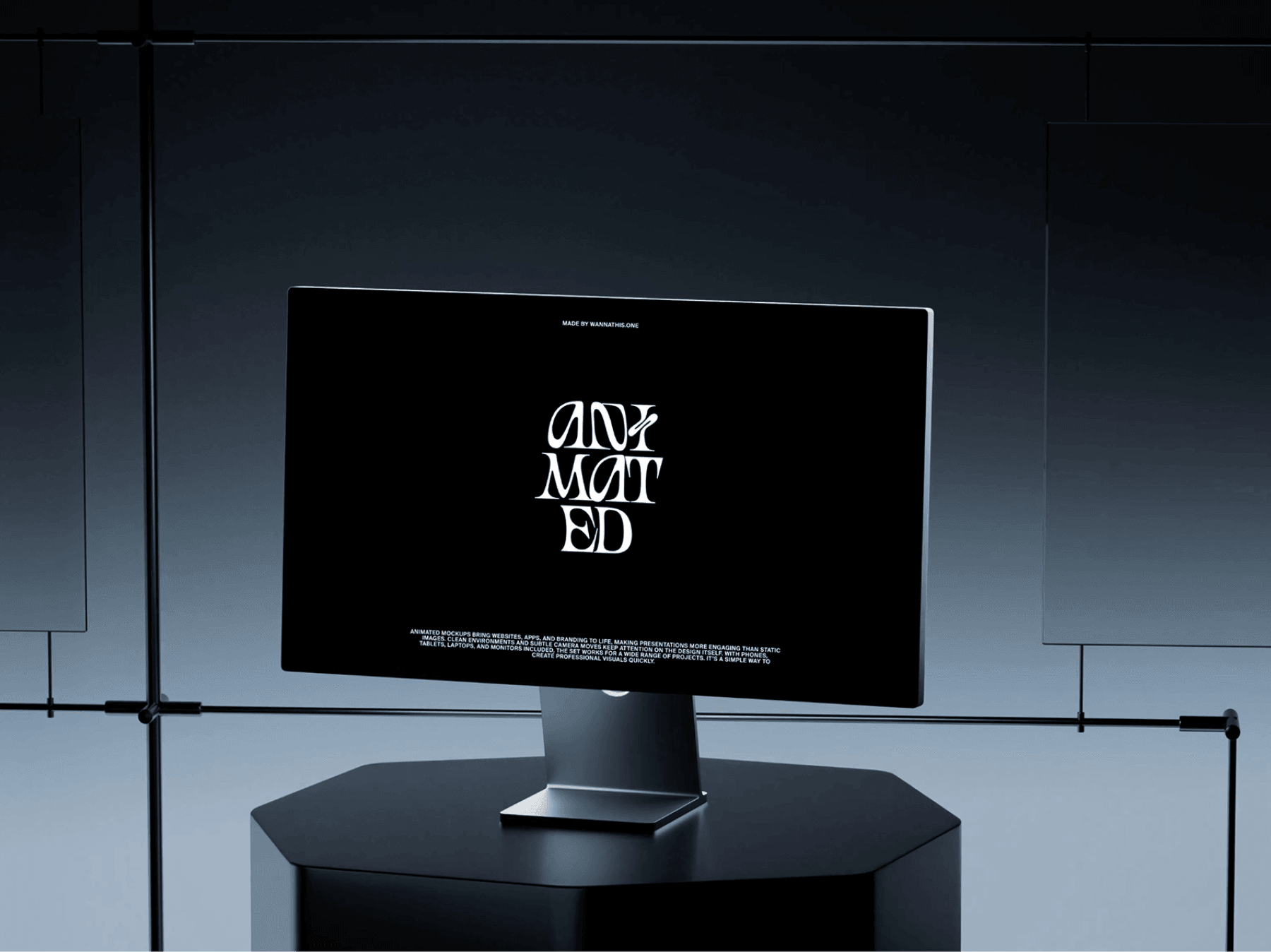 Animated monitor mockup placed in a modern styled room with reflections
