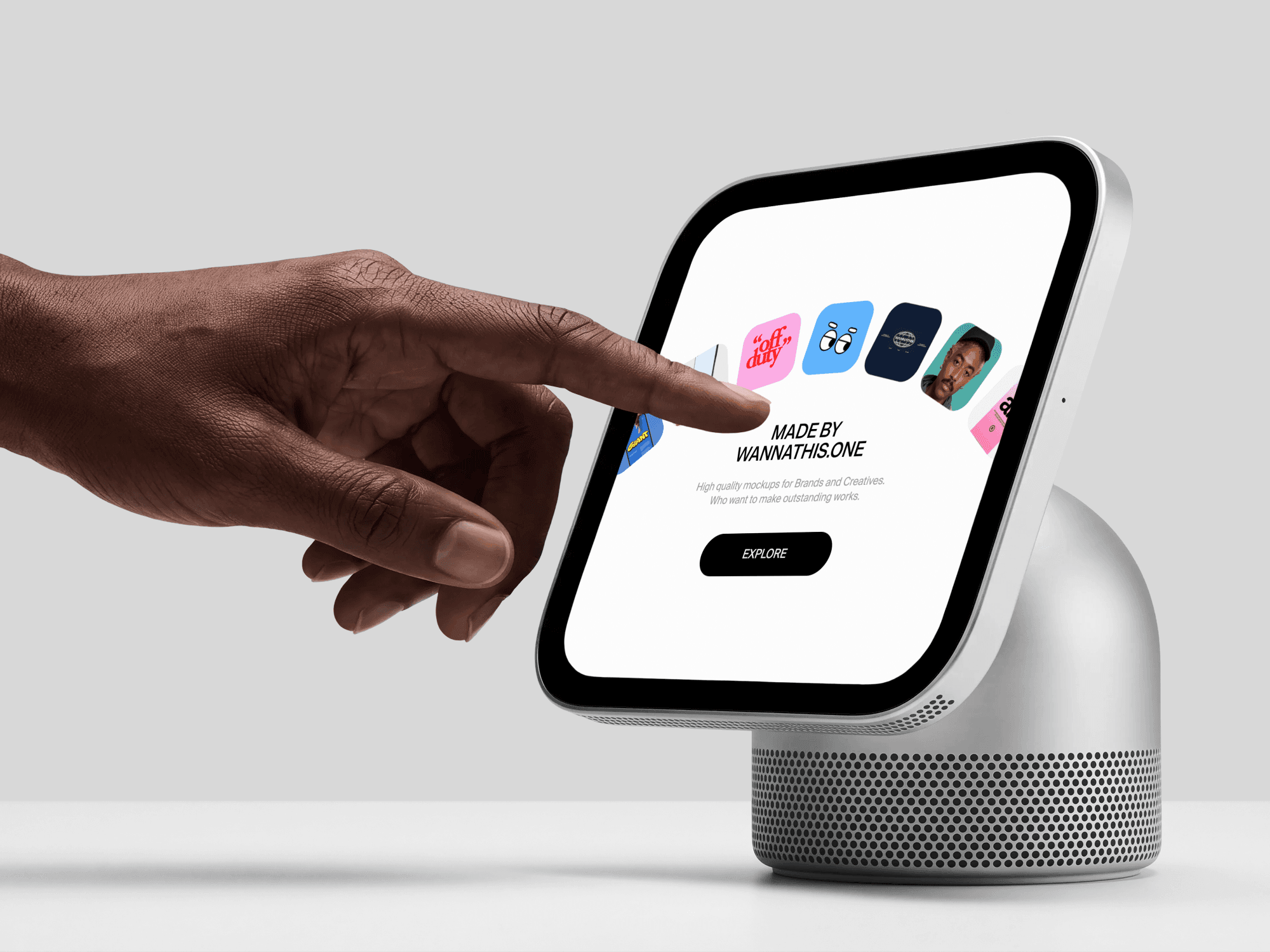 Free Apple HomeView mockup with a hand reaching in to tap the tilted smart display