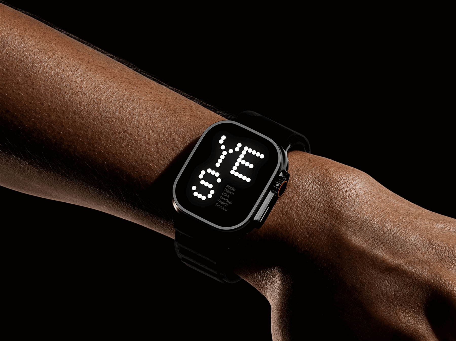 Apple Watch Ultra mockup worn on a wrist against a dark background