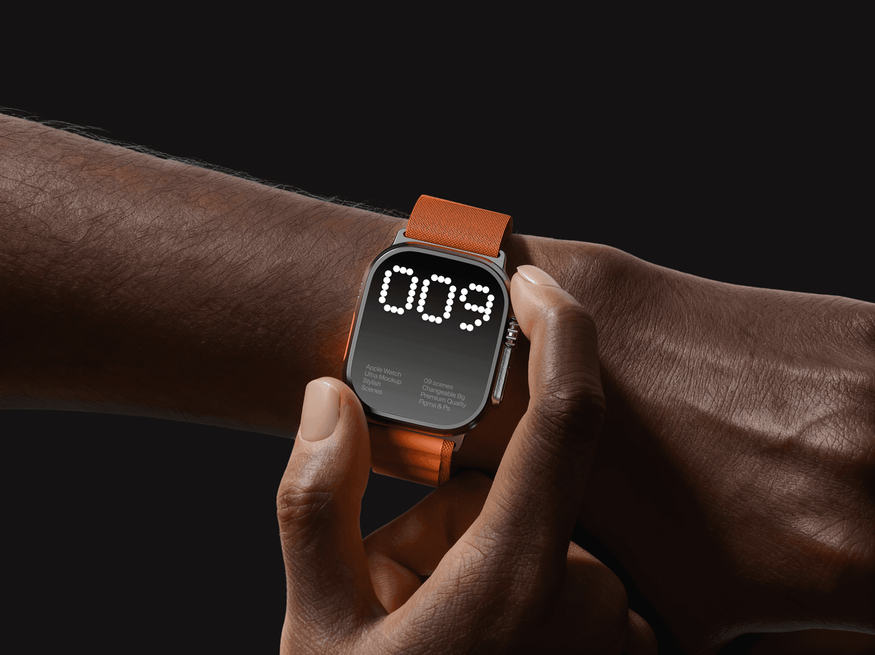 Apple Watch Ultra mockup being used on a wrist with visible hand interaction