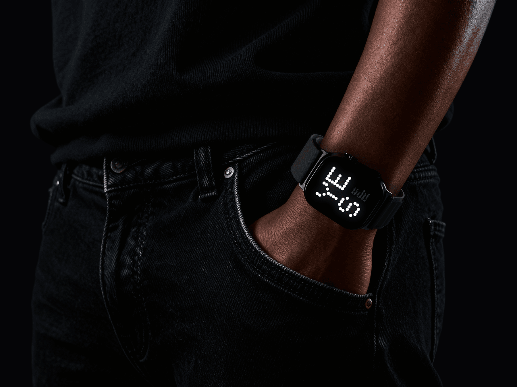 Apple Watch Ultra mockup worn on wrist partially tucked into pocket