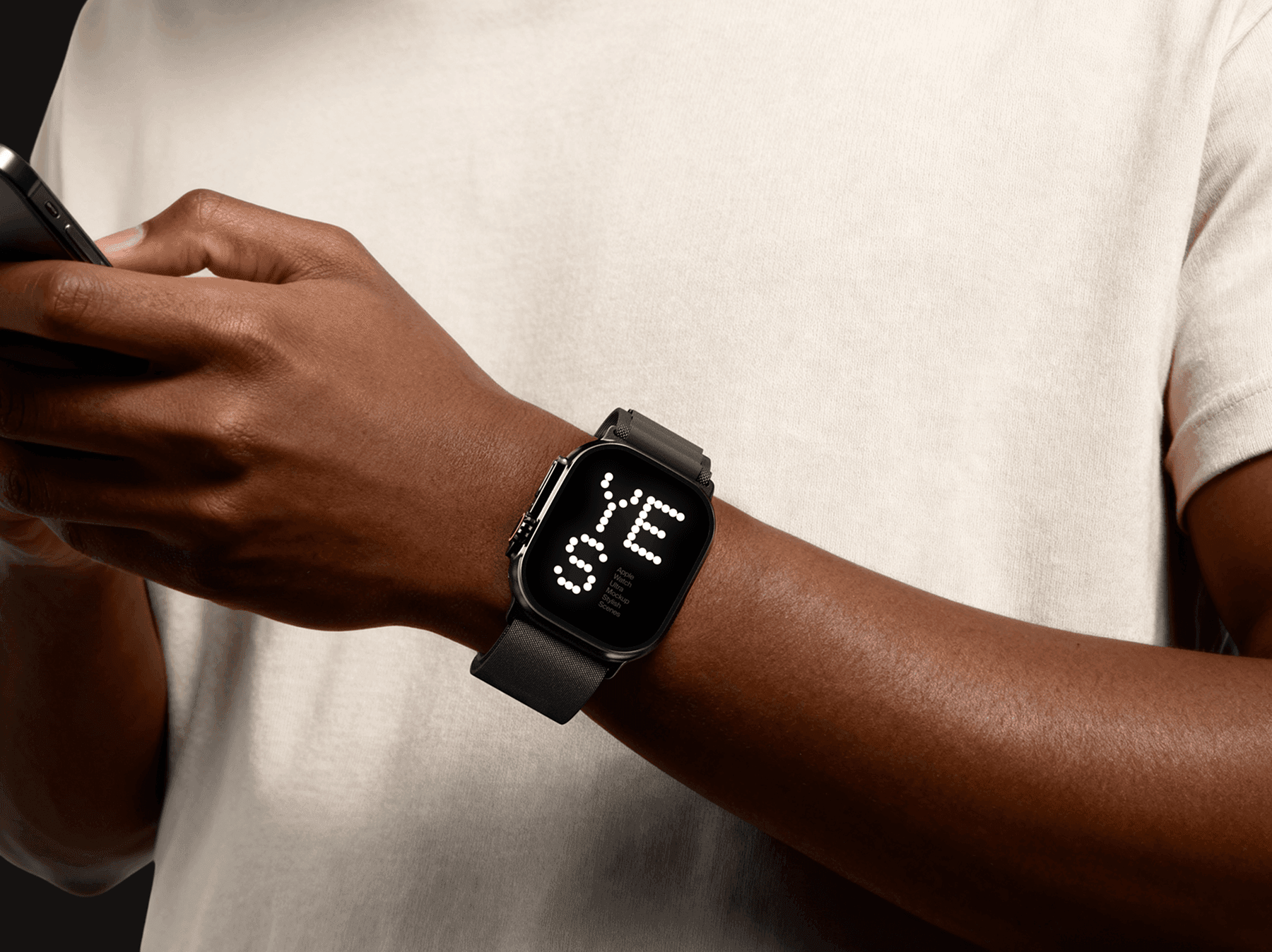 Apple Watch Ultra mockup displayed on wrist while using a smartphone