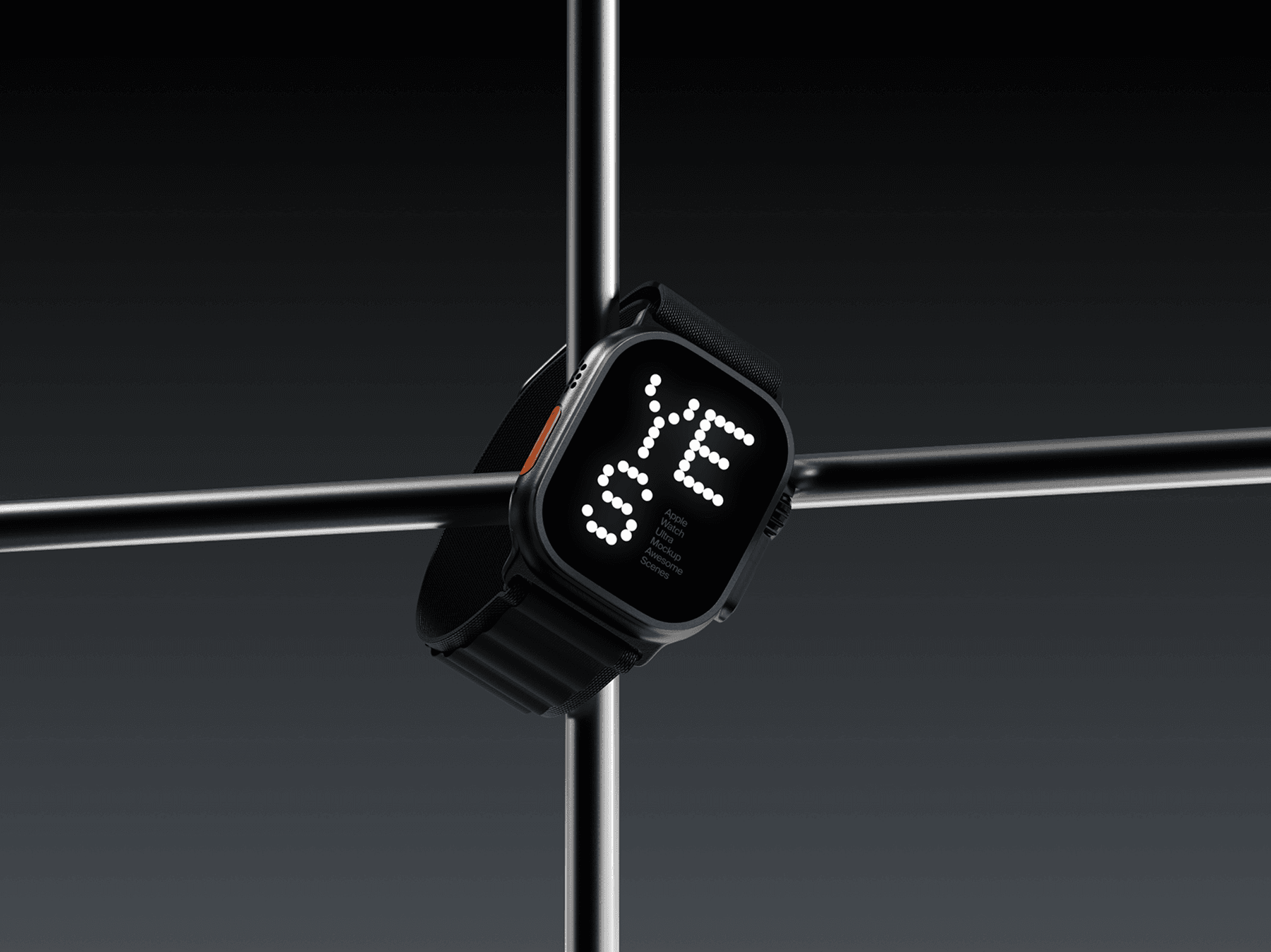 Apple Watch Ultra mockup balanced on a cross of metallic rods