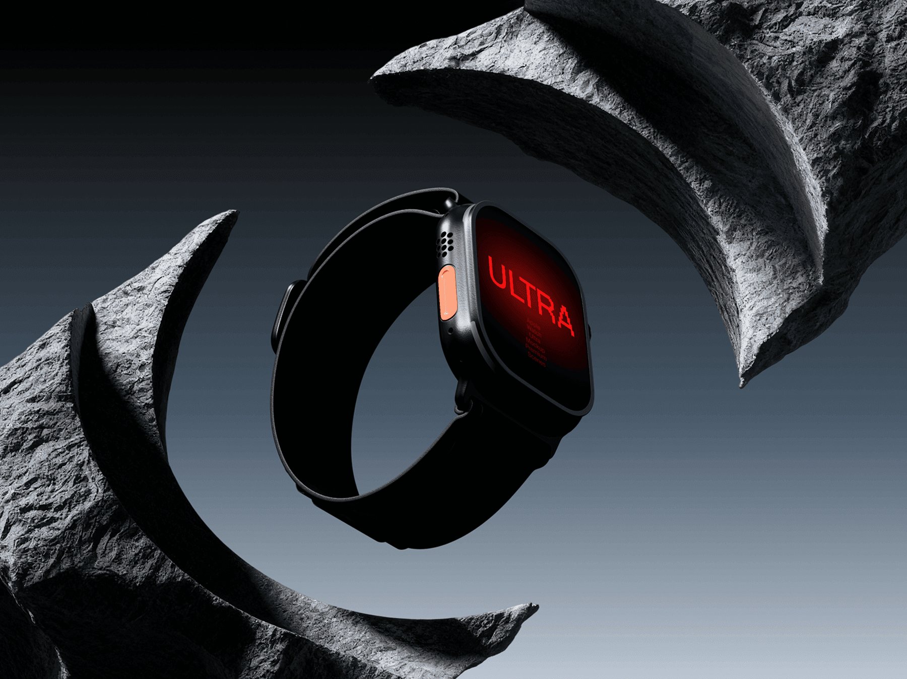 Apple Watch Ultra mockup floating between sculpted rock formations