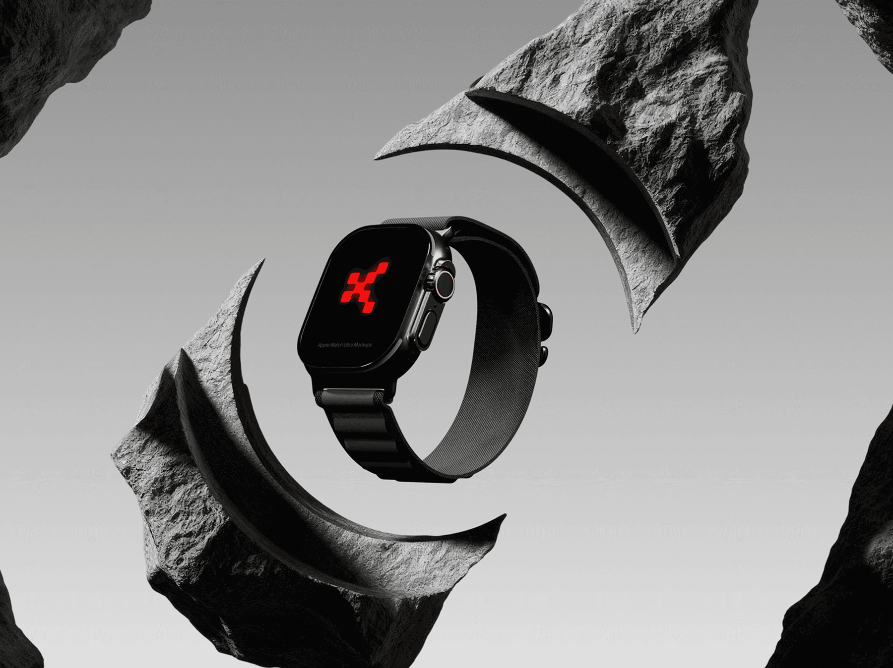 Apple Watch Ultra mockup surrounded by large abstract rock pieces