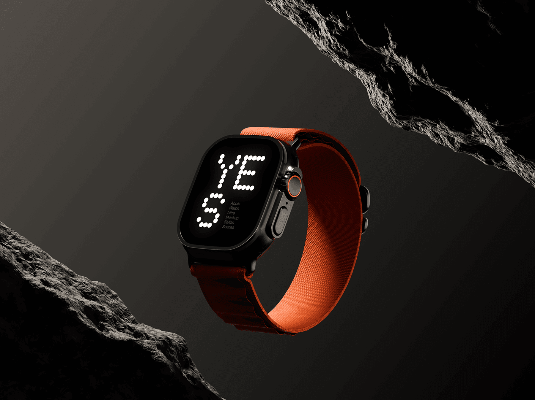 Apple Watch Ultra mockup resting on a textured rock surface