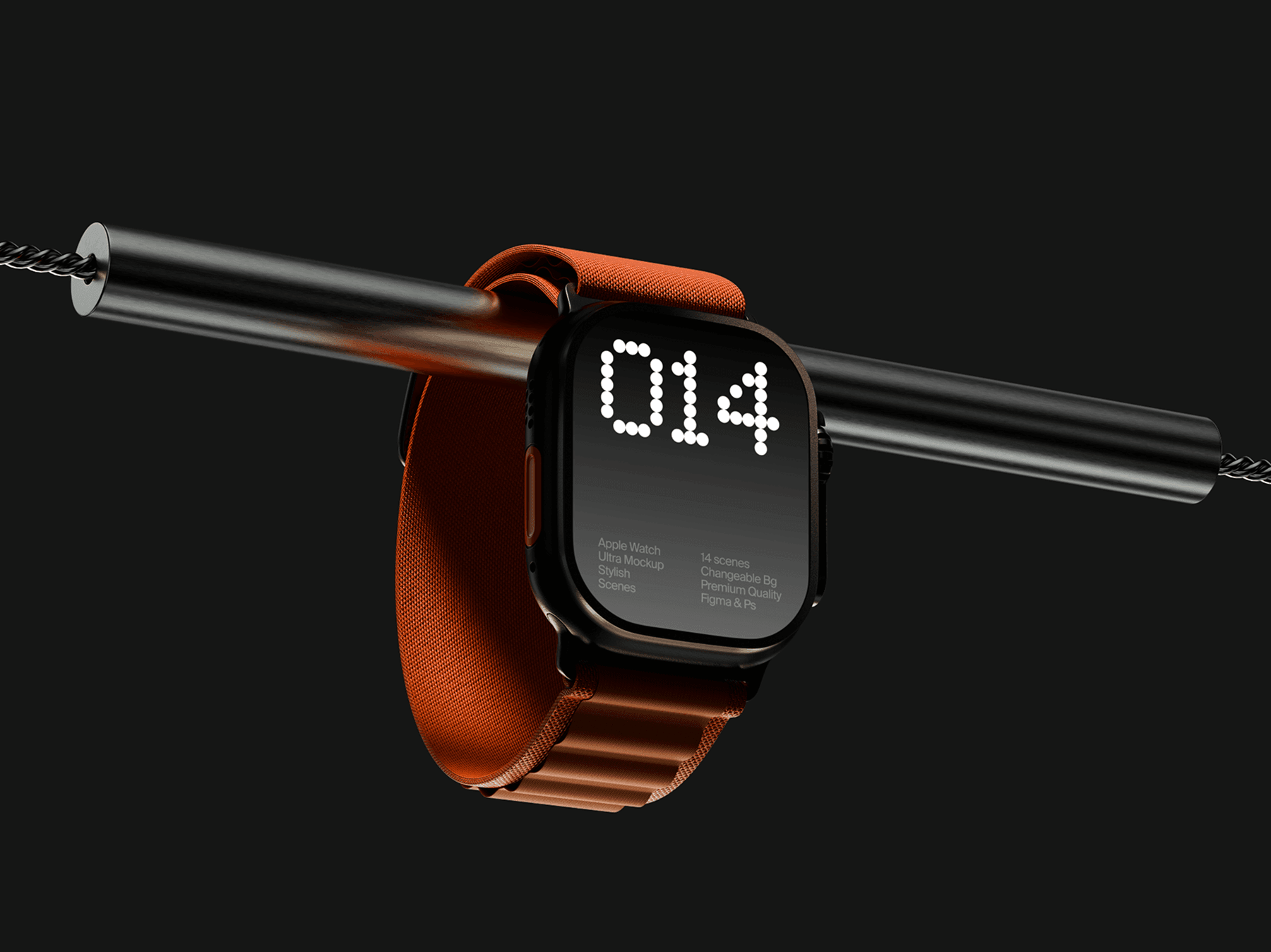 Apple Watch Ultra mockup hanging from a sleek metal rod