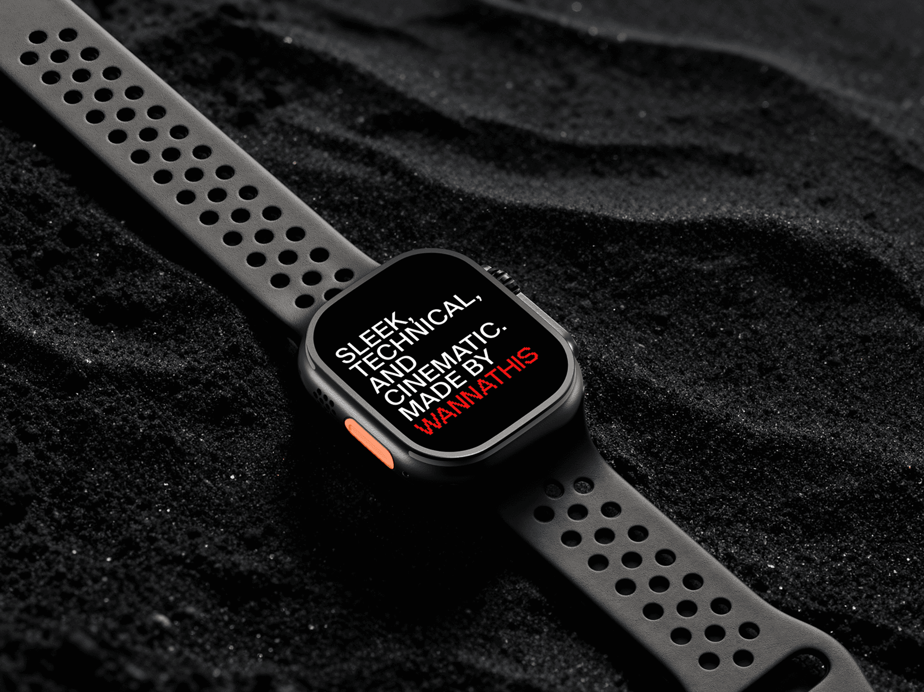 Apple Watch Ultra mockup lying on a dark sand surface