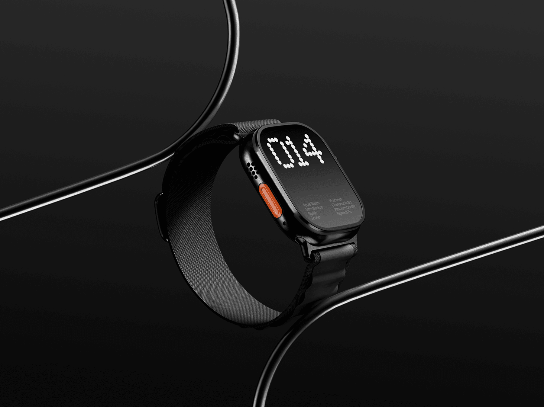 Apple Watch Ultra mockup suspended among curved metal cables