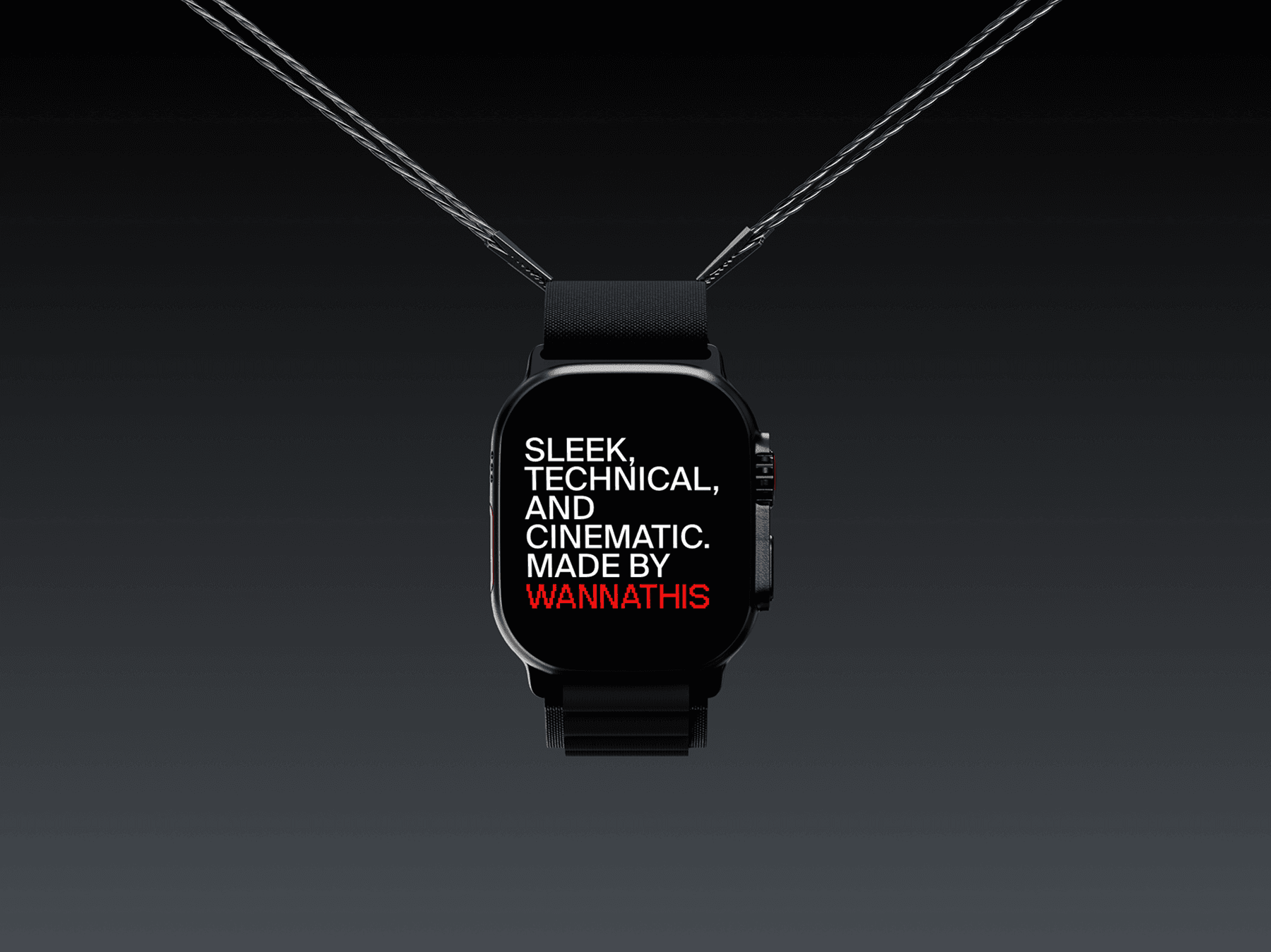 Apple Watch Ultra mockup hanging vertically with thin metal wires