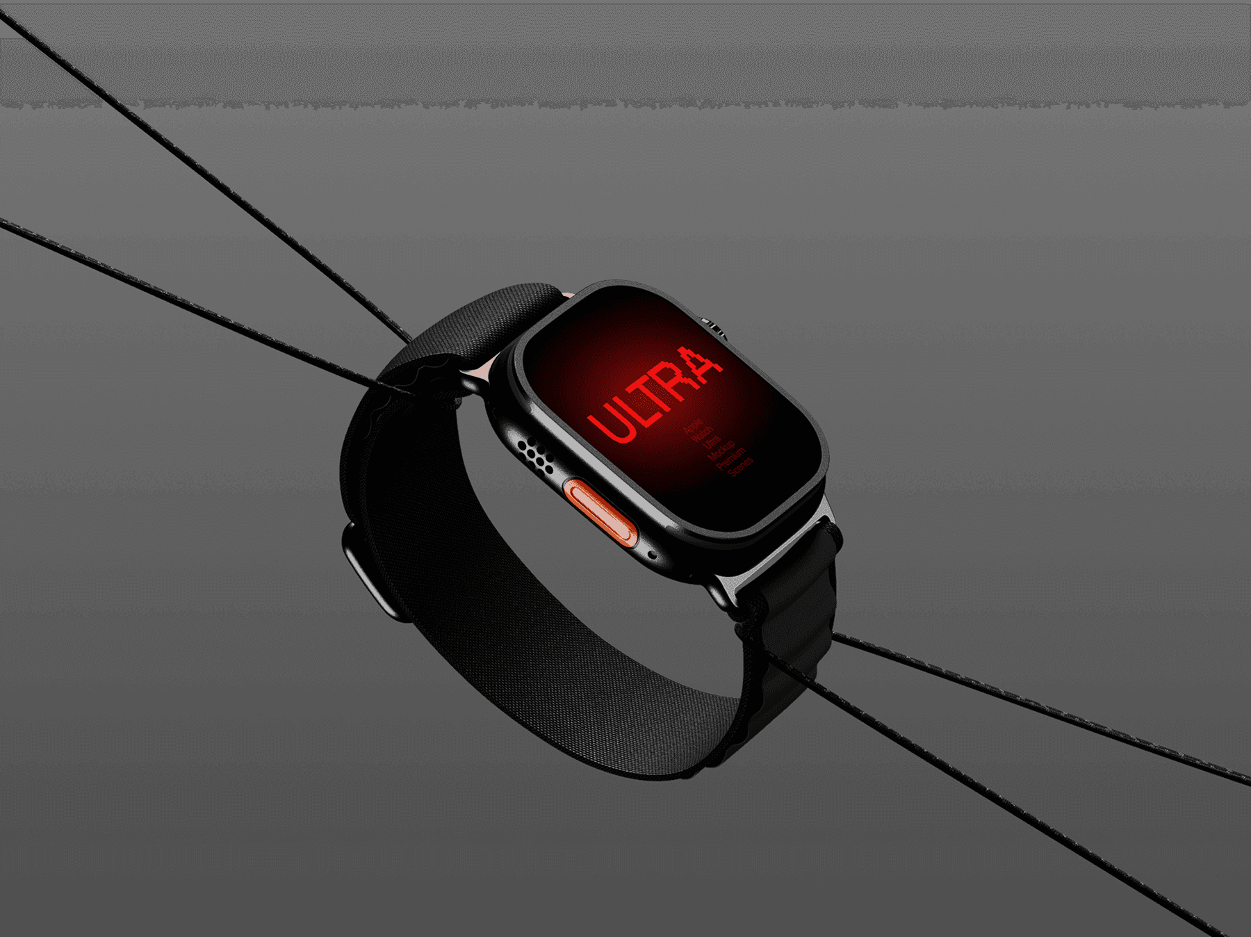 Apple Watch Ultra mockup hanging with metallic wires in a studio setup