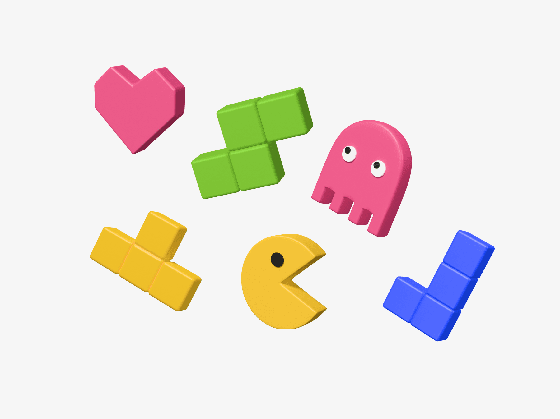 3D illustration of classic arcade game elements and characters