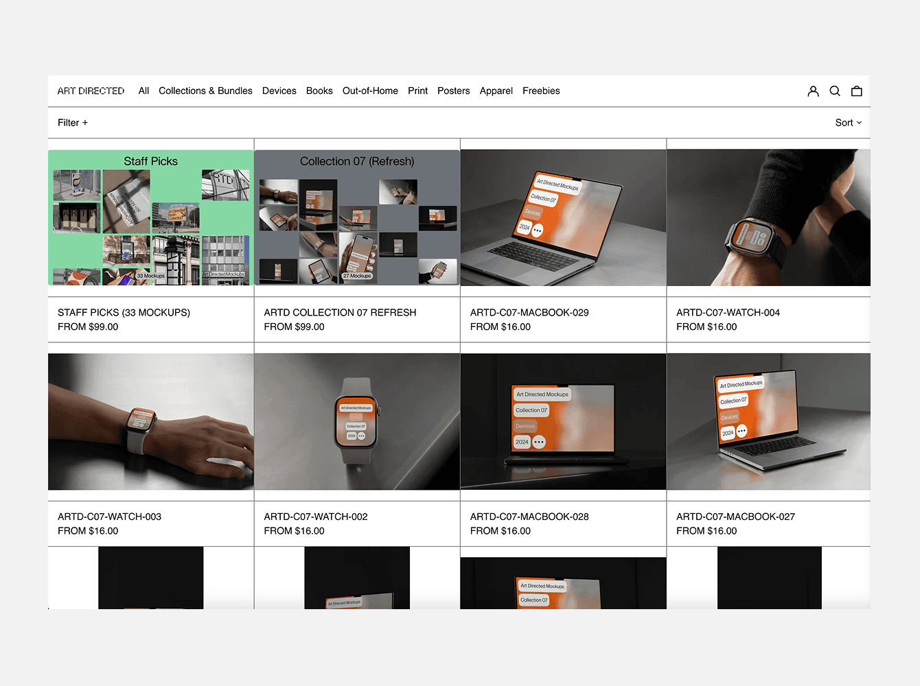Curated mockup collection with watches, laptops and posters, emphasizing strong art-direction and cohesive styling