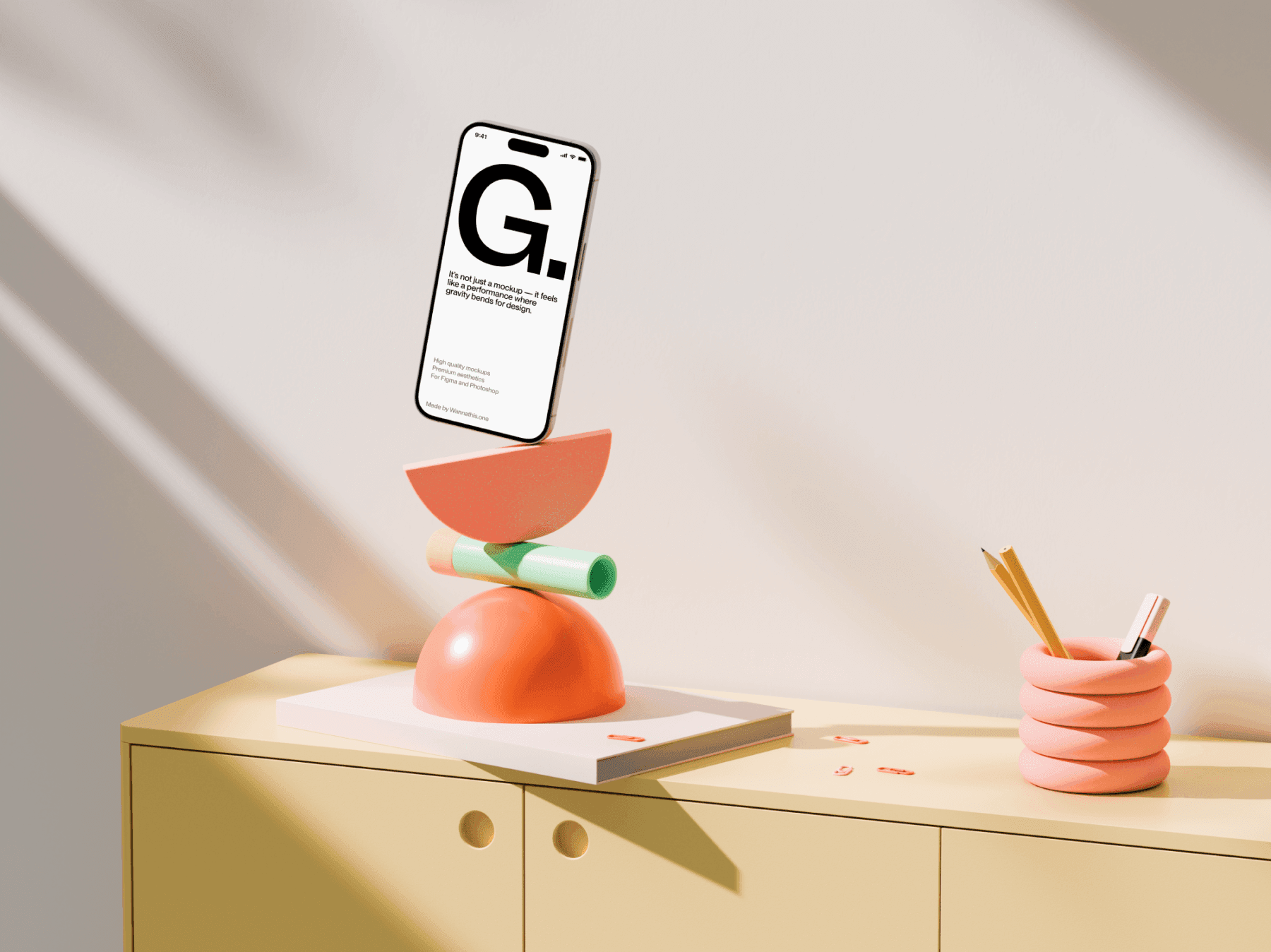 Smartphone mockup balanced on geometric 3D objects on a table