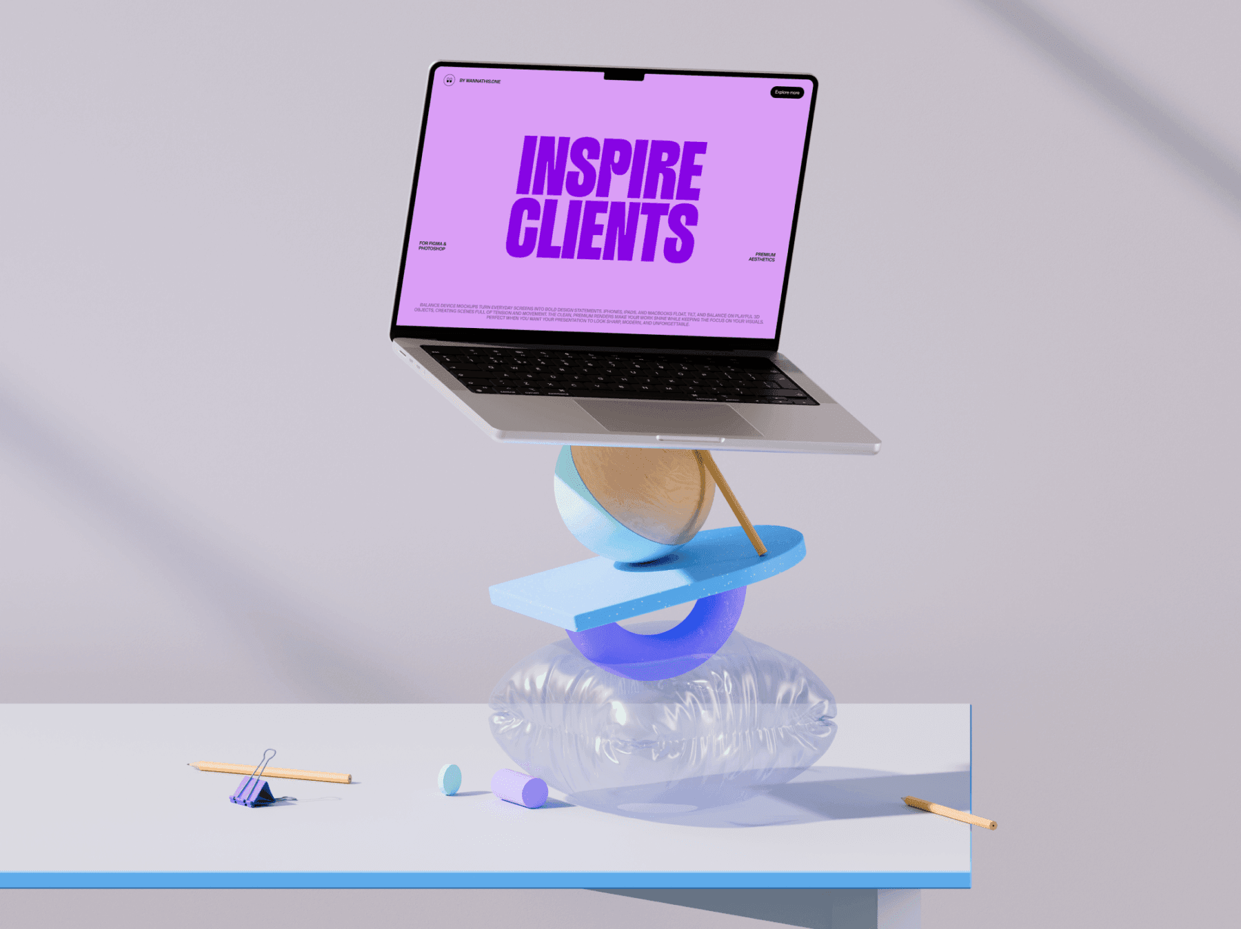 Laptop mockup balanced on abstract geometric desk setup