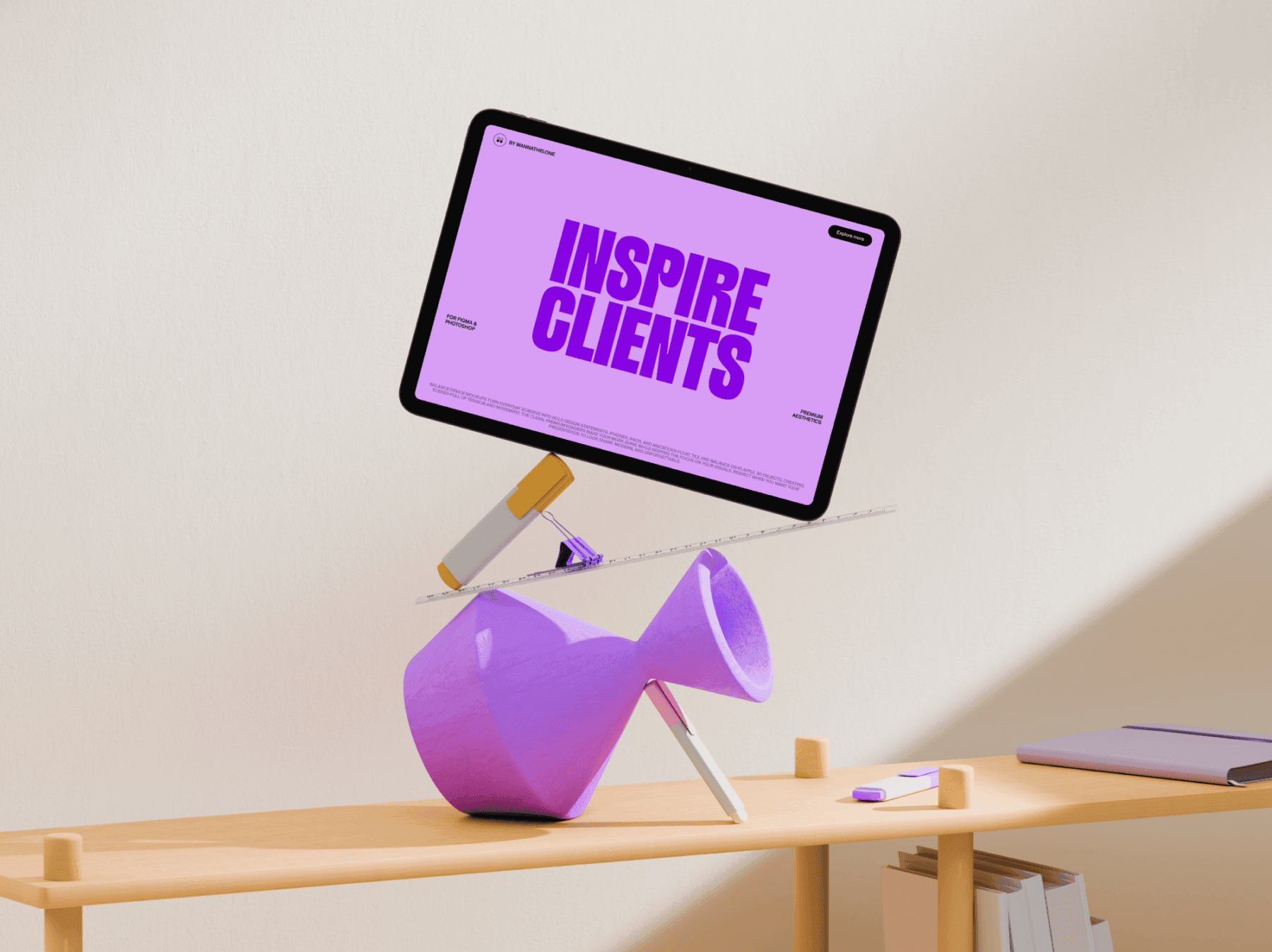 Tablet mockup balanced on abstract geometric shapes on a desk
