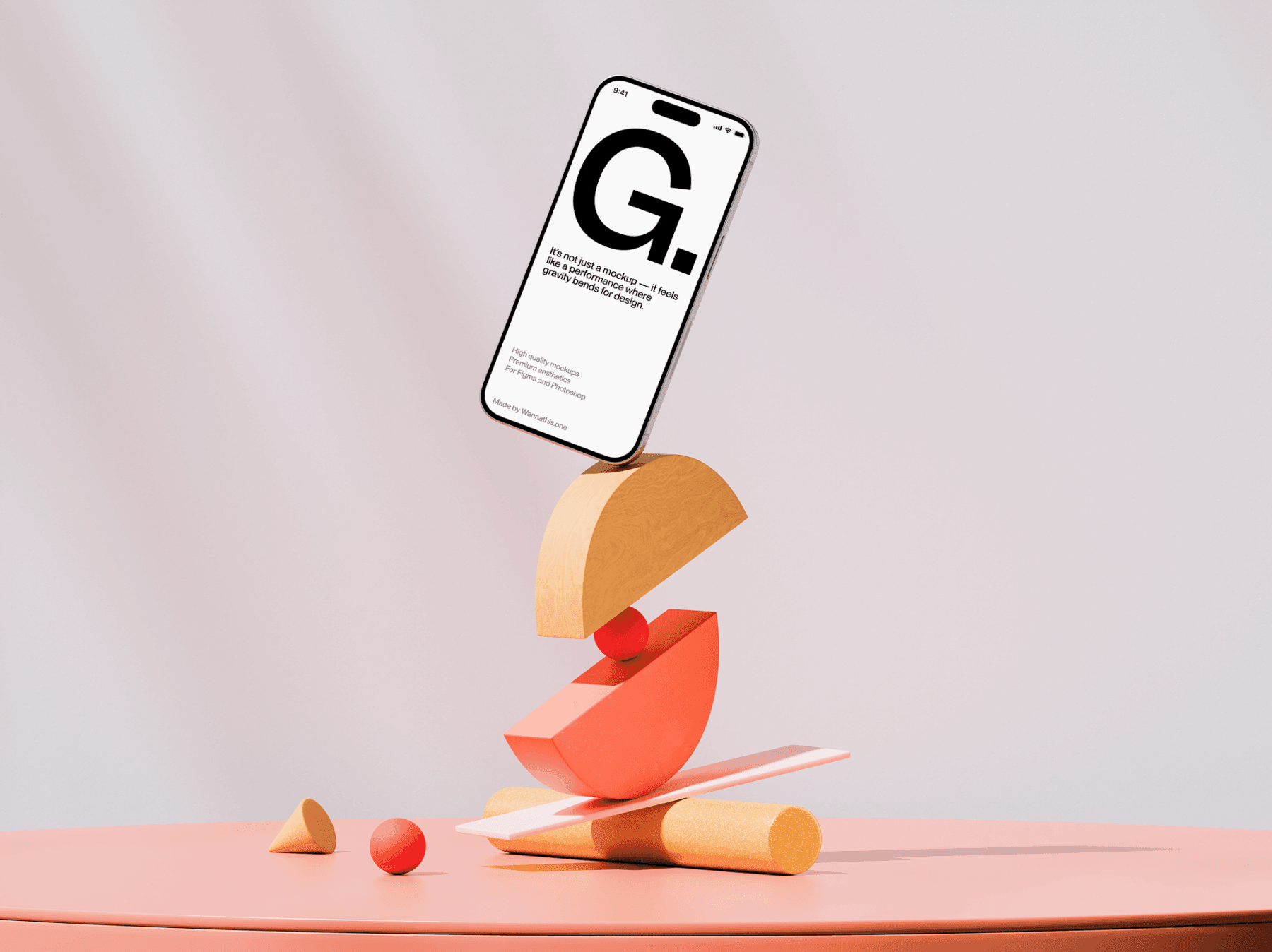 Smartphone mockup balanced on stacked abstract 3D objects